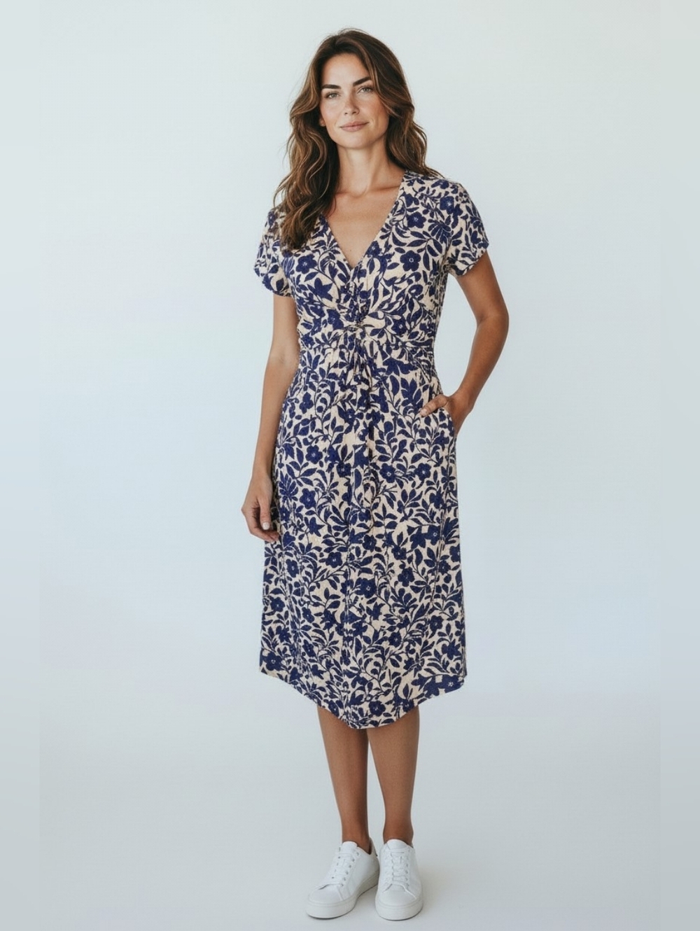 Garnet Hill Navy and Cream Floral Midi Dress 4